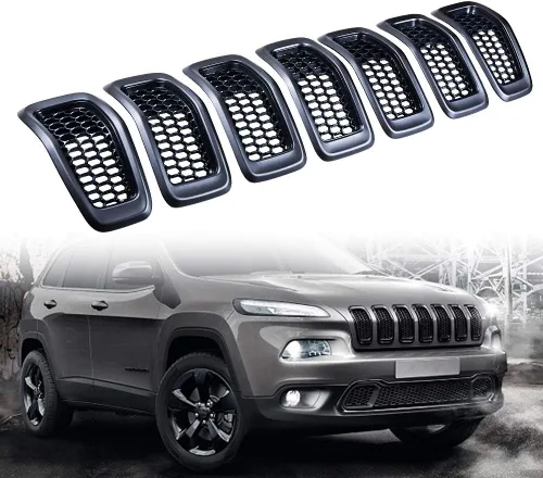 Vista 12 de Juego de 7 piezas de insertos de parrilla delantera negra estilo malla de panal compatible con Jeep Cherokee 2014-2018 Malla negra mate + ribete