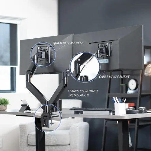 Vista 7 de VIVO Brazos resistentes de aluminio de alta calidad, se adapta a 2 monitores ultraanchos de hasta 38 pulgadas, soporte de escritorio para monitor