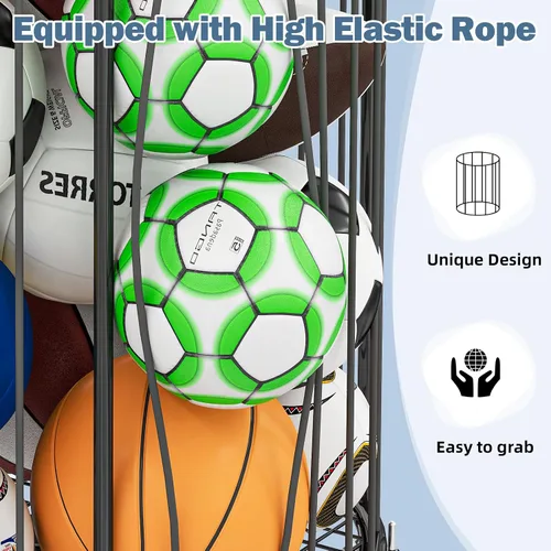 Vista 2 de Hencawima Garage Ball Storage: Round Sports Equipment Organizer with Wheels, Sports Ball Rack With Elastic Rope, Ball Holder for Basketball, Soccer