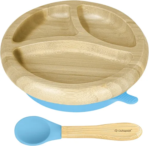 Vista 7 de Abiie Octopod Bamboo Dish & Spoon - Plato de succión para bebé - 4 meses y más - Azul 3-Compartment Round Kids Plate, High Chair Accessories