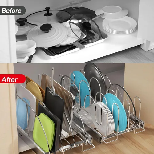 Vista 4 de RITSU Organizador de tapa de sartén y olla deslizante para gabinete, estante extraíble para tapa de olla, tabla de cortar, soporte para utensilios
