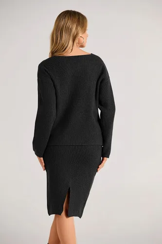 Vista 2 de PRETTYGARDEN Conjunto de 2 piezas de suéter para mujer, con cuello en V, con botones, cárdigan y falda entallada