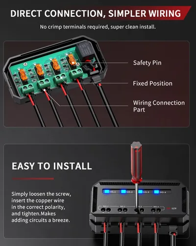 Vista 2 de Bloque de Fusibles ELECTOP 12V, Kit de Caja de Fusibles y Relé Universal de 20A para Motocicleta y Automotriz con 4 Circuitos, Portador de Fusible