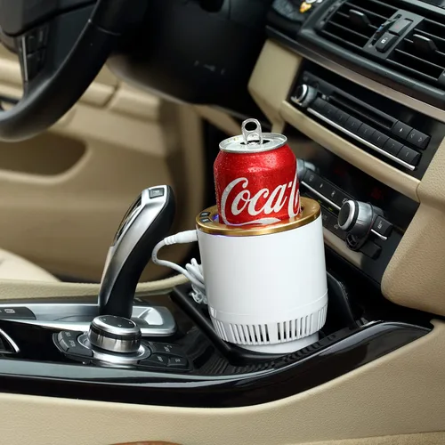 Vista 4 de Portavasos para automóvil con enfriador de bebidas, calentador inteligente de tazas, soporte para vasos 2 en 1 para automóvil (blanco con dorado)