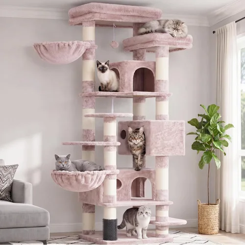 Vista 11 de Hey-brother Árbol de Gato, torre de gato de varios niveles XL de 74 pulgadas para gatos de interior con tres condominios para gatos, dos plataformas