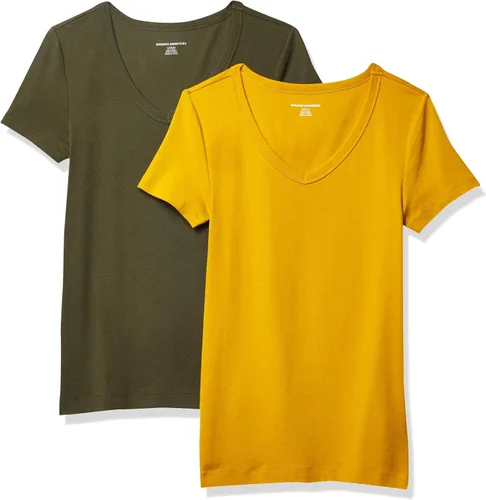 Vista 26 de Amazon Essentials Camiseta ajustada de manga corta con cuello en V para mujer, paquete de 2 Negro