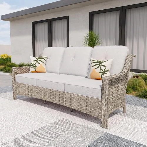 Vista 55 de HOOOWOOO Sofá de patio de 3 plazas de mimbre para exteriores, resistente a todo tipo de clima, con respaldo alto, muebles a juego (beige y bronceado)