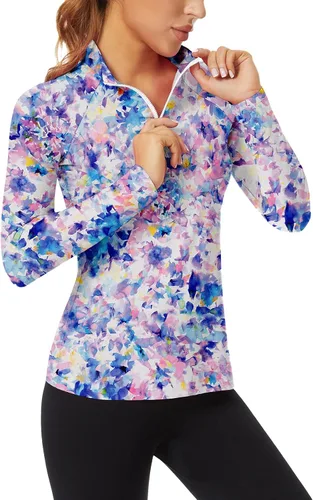 Vista 39 de WOWENY - Camiseta de manga larga con cremallera de 1/4 para mujer, con cuello, para hacer deporte, con estampado, para tenis Hoja multicolor.