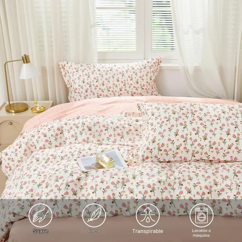 Vista 4 de SAPHREAS Juego de Funda de Edredón de Flores Rosas 2 piezas Algodón Estilo Jardín Campanilla Floral Ropa de Cama Juego de Funda de Edredón 100%