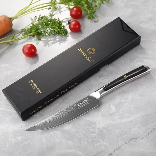 Vista 6 de Sunnecko Cuchillo para Carne de Cocina de 5 Pulgadas, Cuchillo para Carne de Damasco VG-10, Acero Japonés, Cuchillos de Carne No Dentados de Espiga
