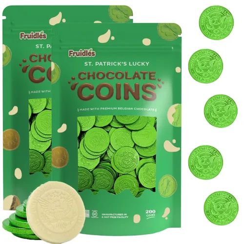 Vista 5 de Fruidles Monedas de chocolate con leche blanca del día de San Patricio, monedas verdes, moneda de chocolate con leche