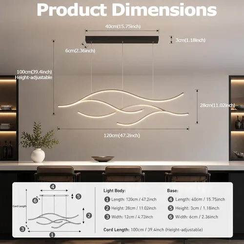 Vista 2 de LightInTheBox Moderna lámpara LED de onda lineal – Lámpara colgante de rama regulable para cocina, sala de estar, comedor (negro)