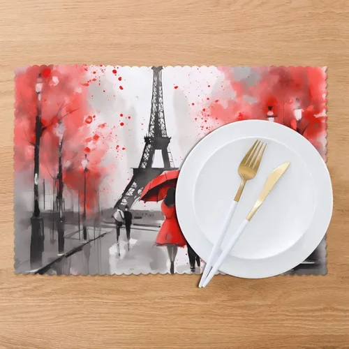Vista 4 de Juego de 6 manteles individuales románticos de la Torre Eiffel para el día de San Valentín, lavables, para cocina, comedor, decoración del hogar, 12
