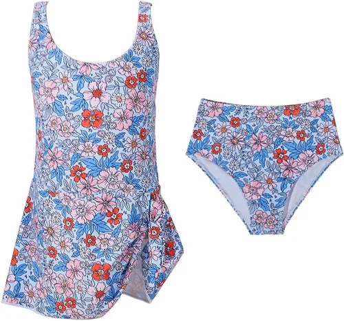 Vista 6 de Conjunto de traje de baño tankini para niñas, de dos piezas, estampado y parte inferior de bikini de 5 a 14 años