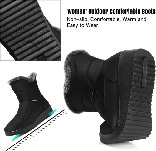 Vista 2 de SHIBEVER Botas de nieve para mujer, botines de invierno, impermeables, con forro de piel, con cremallera lateral, botas para exteriores
