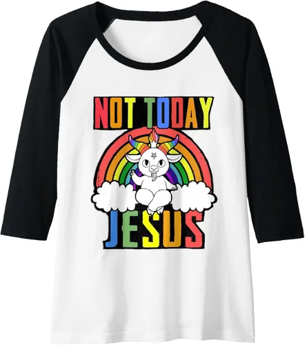 Vista 3 de Not Today Jesus - Camiseta de béisbol raglán con diseño de Baphomet LGBTQ, Negro, S