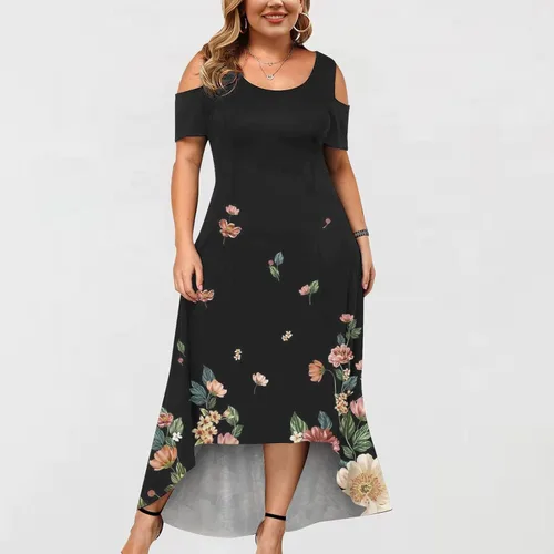 Vista 2 de Vestido de gran tamaño con hombros descubiertos para mujer, cuello redondo, manga corta, casual, con vuelo, estampado floral, vestido de cuello
