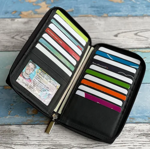 Vista 2 de Organizador de cuero genuino con cremallera para tarjetas de crédito para mujer, Negro