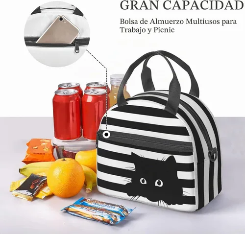 Vista 6 de Perinsto Bolsa de almuerzo a rayas blancas y negras con diseño de gatos, contenedor aislado reutilizable con correa de hombro ajustable, 9 x 5 x 7.8