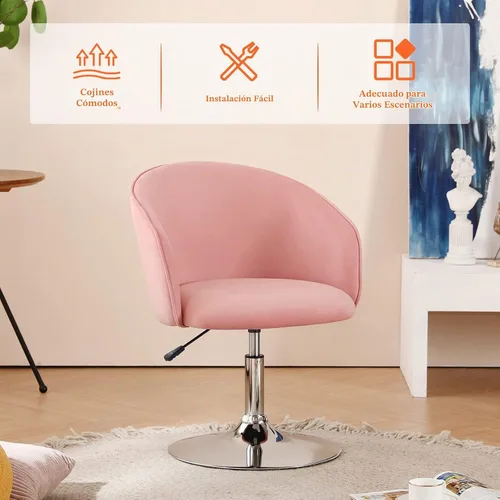 Vista 4 de Furnimart Silla de Tocador de Terciopelo con Marco de Cromo, Altura Ajustable y Giratoria, Rosa - Sala de Estar, Dormitorio, Oficina Terciopelo