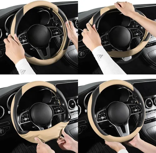 Vista 6 de Funda para volante de automóvil, funda para volante de piel de microfibra con ajuste universal de 14.5-15 pulgadas, antideslizante, cómoda