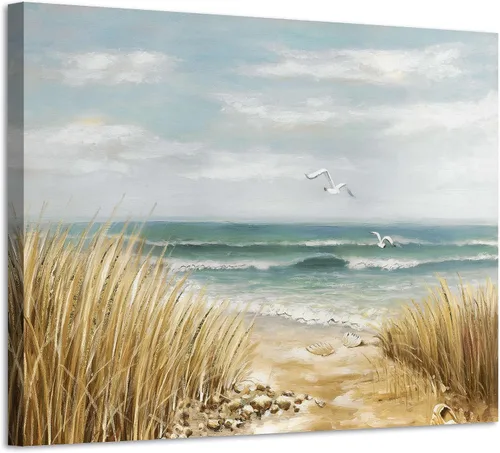 Vista 7 de Lienzo decorativo para pared, camino de playa: camino de arena con pintura de valla a la costa, impresiones artísticas para baño