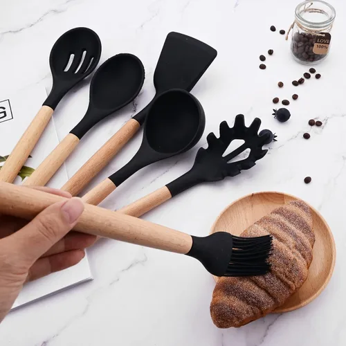 Vista 8 de 1 cucharón de silicona negra para sopa profunda, resistente al calor, cuchara de goma antiadherente grande con mango de madera para cocinar 1