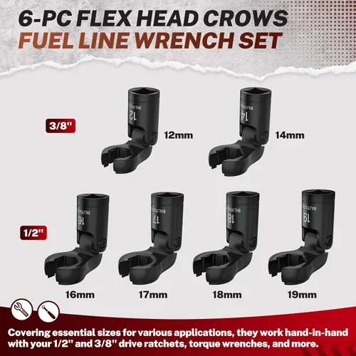 Vista 3 de BILITOOLS Juego de llaves de cabeza flexible de 6 piezas con forma de pata de cuervo, juego de llaves de tuercas de 3/8" y 1/2" para líneas