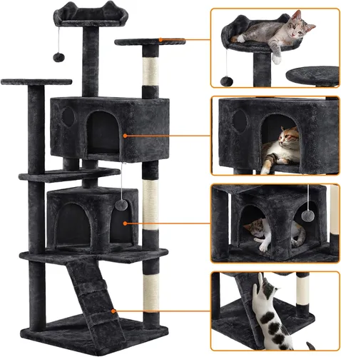 Vista 3 de Yaheetech Árbol para gatos de varios niveles para gatos grandes, con cómodos condominios para gatos de interior Multi-level activity center, Negro