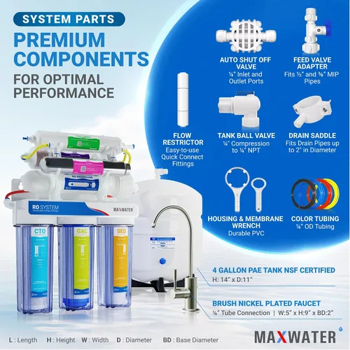 Vista 3 de Max Water 11 etapas 50 GPD (galones por día) RO (ósmosis inversa) + U - V y pH alcalino (5 en 1) sistema de filtro de agua debajo del fregadero