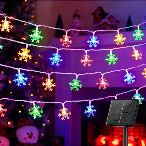 Vista 15 de Tira de luces con diseño de copo de nieve, con 50 ledes, 24.6pies, impermeable, para exteriores, con 8 modos de iluminación para bodas, fiestas