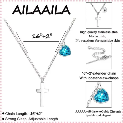 Vista 5 de AILAAILA Tiny Cross Necklace for Girls Heart Initial Necklace Heart Birthstone Necklace Letter Stainless Steel Pendant Jewelry First Communion