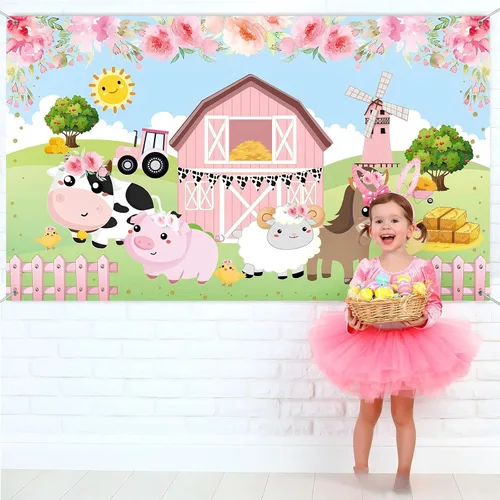 Vista 7 de Tatuo Pancarta de fondo de decoración de cumpleaños de granja rosa, tamaño grande, 3.6 x 6 pies, pancarta de fondo de animales de granero para baby