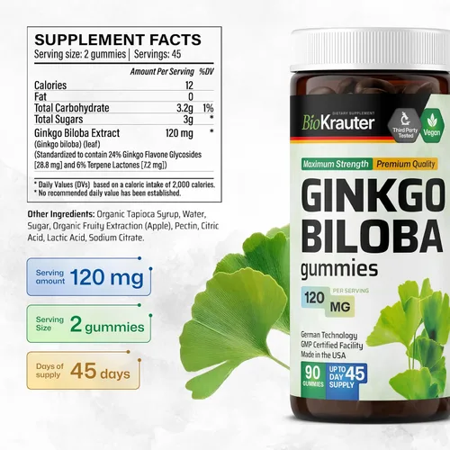 Vista 3 de BIO KRAUTER® Ginkgo Biloba para apoyo cerebral - Suplemento vegano de ginkgo biloba para calma, concentración y memoria - 90 gomitas de ginkgo