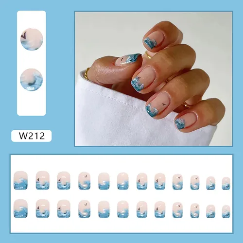 Vista 2 de Uñas postizas a presión de longitud corta, 24 piezas de cobertura completa, reutilizables, brillantes, uñas postizas con pegamento, uñas postizas