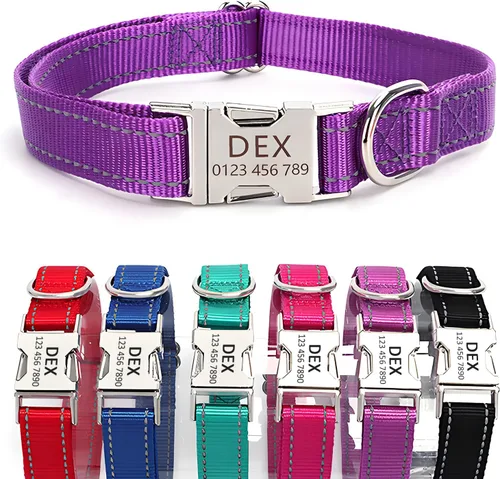 Vista 6 de Collar de perro de nailon reflectante personalizado con etiqueta de nombre Collares de perro con hebilla dorada grabados personalizados Collar