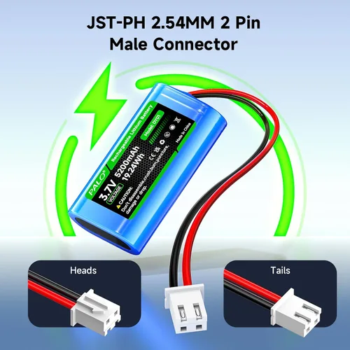 Vista 3 de Batería de iones de litio de 5200 mAh 3.7 V con enchufe JST-PH JST 2.54/2P (no JST-PH 2.0 2 pines), batería recargable de litio de 3.7 voltios