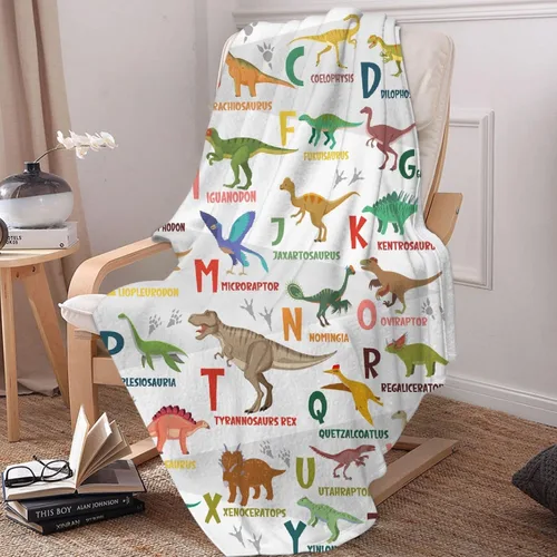 Vista 4 de Manta del alfabeto de dinosaurio, manta de dinosaurio para niños y niñas, franela suave y acogedora, ligera y cálida, 30 x 40 pulgadas para bebés