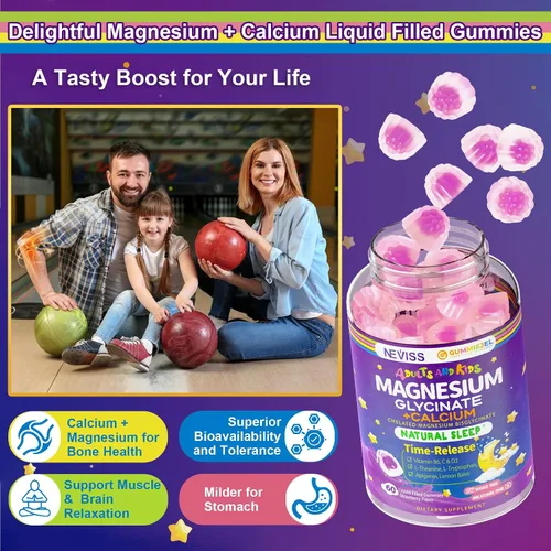 Vista 6 de Gomitas rellenas de magnesio glicinato + calcio NEVISS para adultos y niños de 4+, gomitas para dormir sin melatonina, suplemento de magnesio sin