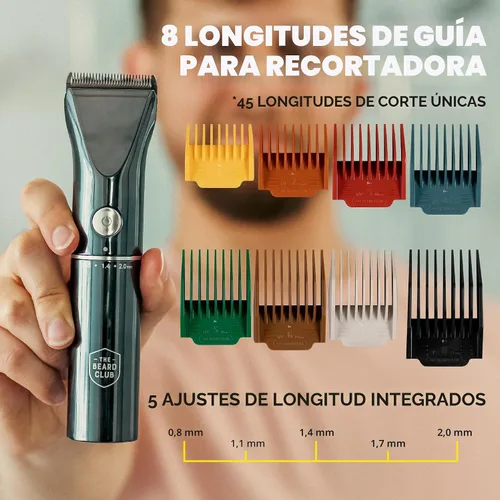Vista 6 de The Beard Club Recortadora de barba para hombres – Cortadora eléctrica inalámbrica recargable de barba y pelo – Alta potencia 7000 RPM – 8 guías