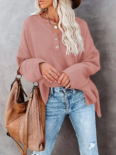 Vista 3 de Pink Queen Suéter de punto con cuello en V para mujer, de gran tamaño, manga larga tipo murciélago, estilo Henley
