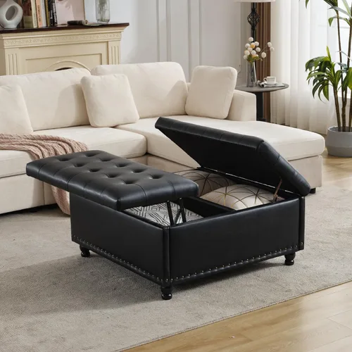 Vista 7 de Tbfit Otomana cuadrada de almacenamiento de 35.5 pulgadas con parte superior elevable, mesa de centro tapizada y banco capitoné, caja de juguetes
