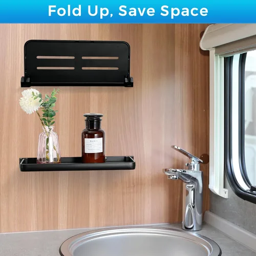 Vista 2 de Pequeño estante plegable de pared para baño y caravana, plegable a 90° e impermeable, pequeño estante de metal flotante para lavandería, inodoro