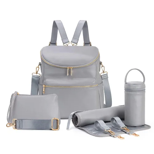 Vista 8 de Mochila para pañales, mochilas de cuero de moda para mamá, bolsas de pañales para bebés pequeños con organizador en bolsa y cambiador, Negro, M