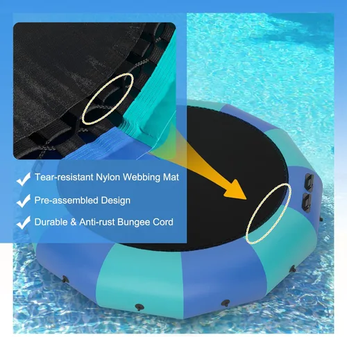Vista 5 de Giantex Trampolín acuático inflable de 10 pies, 12 pies y 15 pies, trampolín flotante con soplador de 500 W y escalera de cuerda de 3 escalones