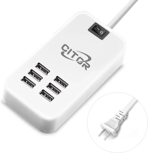 Vista 8 de Cargador USB multipuerto, estación de carga USB de 6 puertos para múltiples dispositivos, teléfono, tableta, regleta de alimentación con interruptor