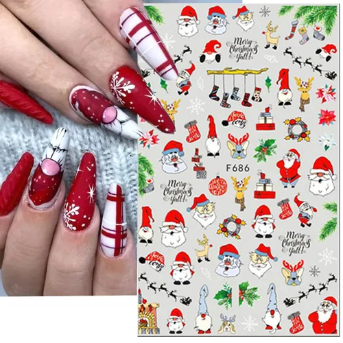 Vista 4 de 8 hojas de calcomanías de uñas de Navidad 3D, calcomanías de uñas de Navidad de invierno, dibujos animados, alce, copo de nieve, Papá Noel, muñeco