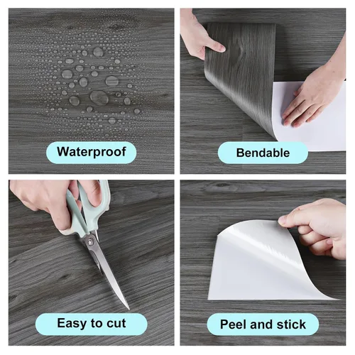 Vista 6 de Tablones de madera gris oscuro, adhesivos para azulejos de suelo para baño, dormitorio, azulejos de vinilo para cocina, impermeables, autoadhesivos