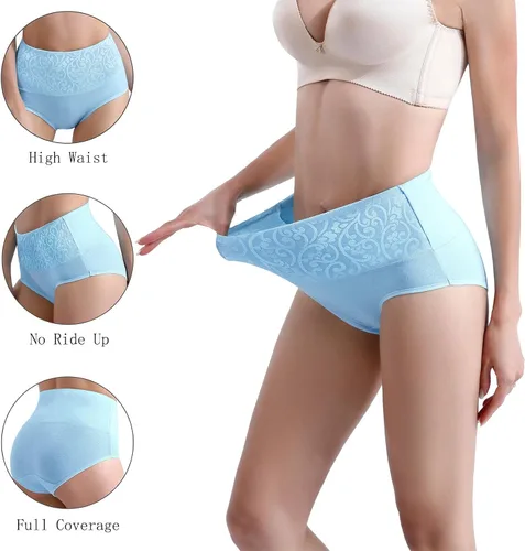 Vista 3 de Ropa interior de algodón para mujer, con control de abdomen, cintura alta, suave, transpirable, cobertura completa, paquete múltiple