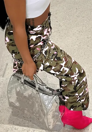 Vista 3 de Pantalones cargo de camuflaje para mujer, cintura alta, holgados, pierna ancha, camuflaje militar, pantalones deportivos ajustados con bolsillo